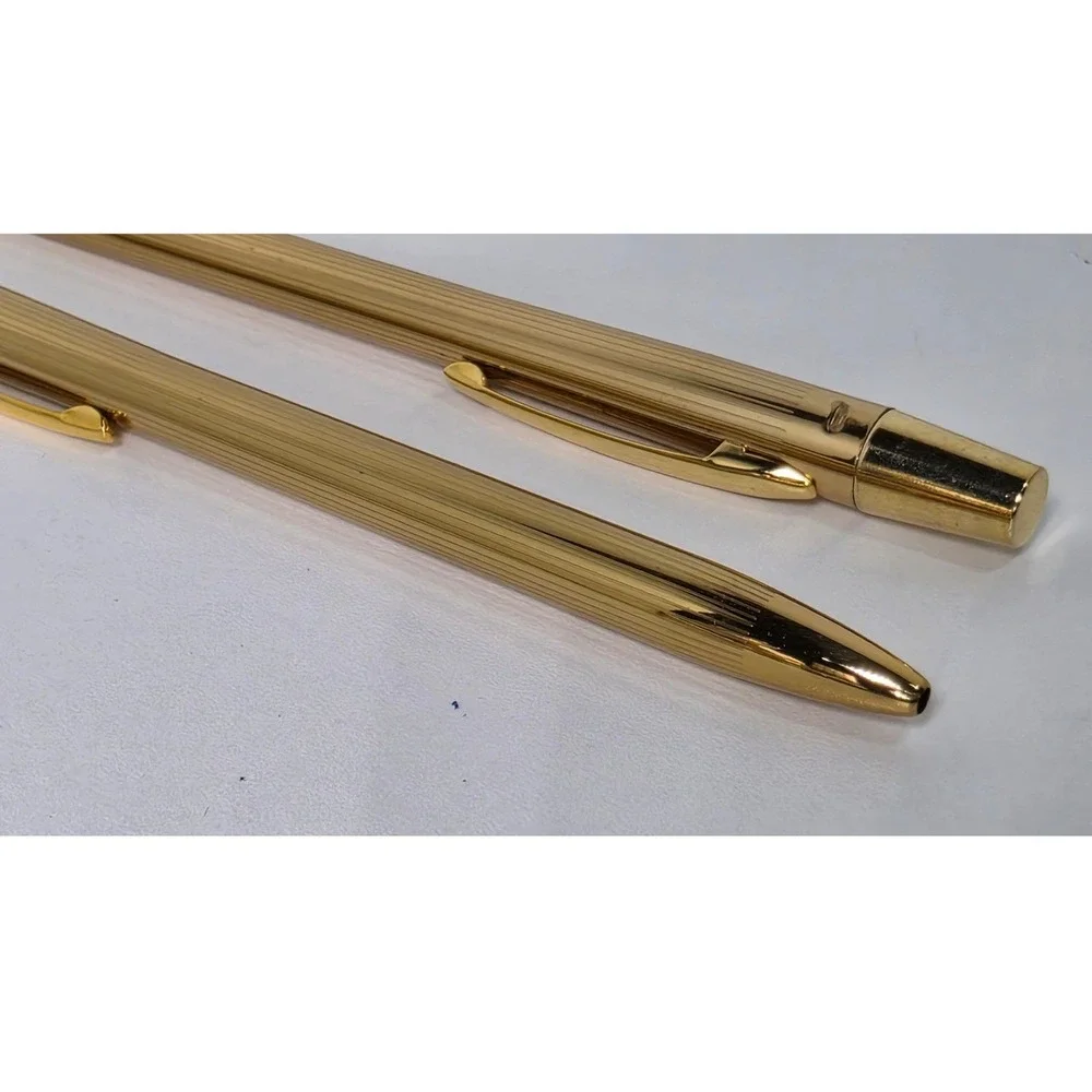 Vintage Gold Tone Pinstripe Pen and Mechanical Pencil Set USA Made with Box